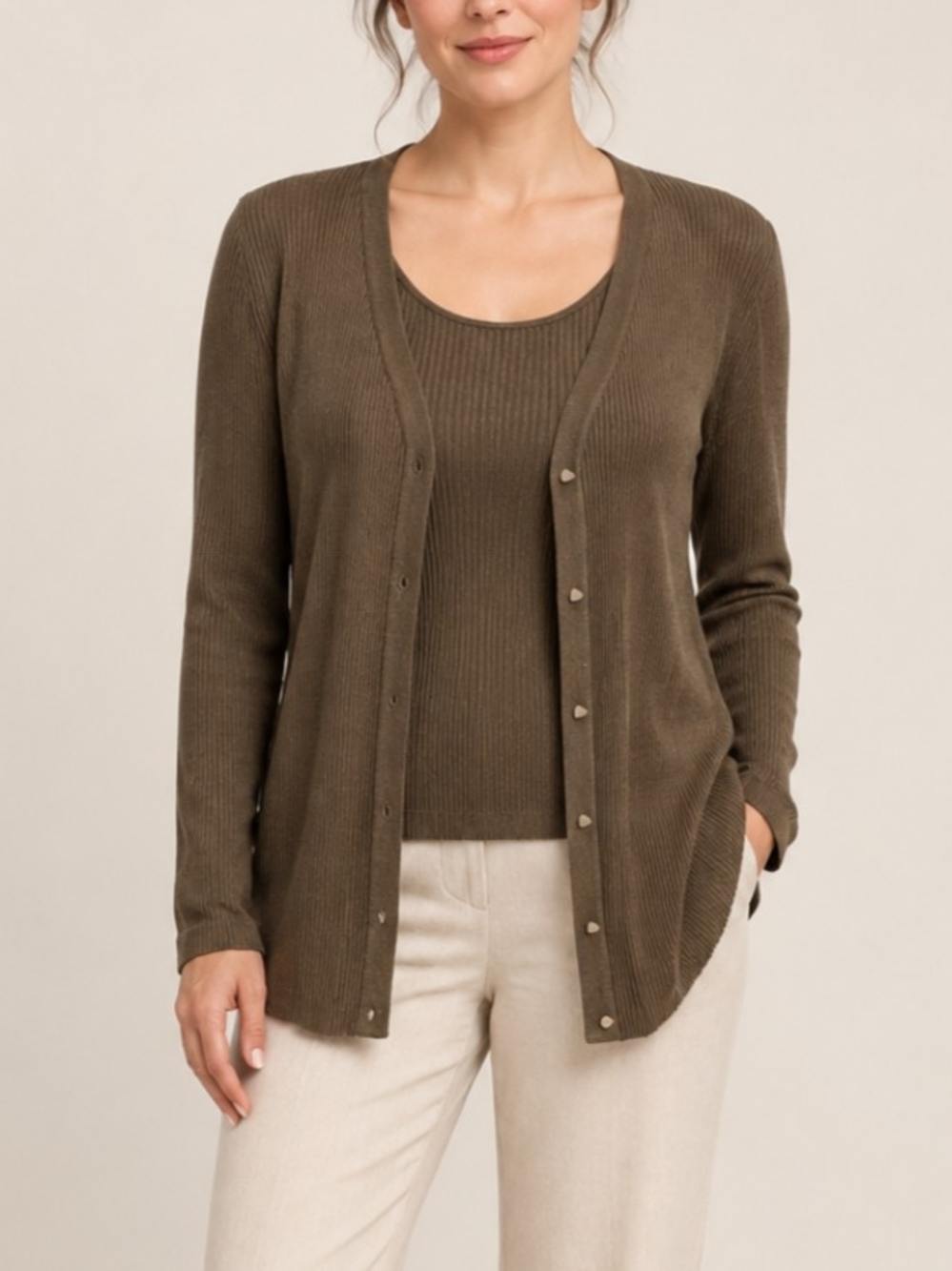ISDA & Co Olive Ribbed Button-Front Sweater Cardigan Set - Picture 1 of 10